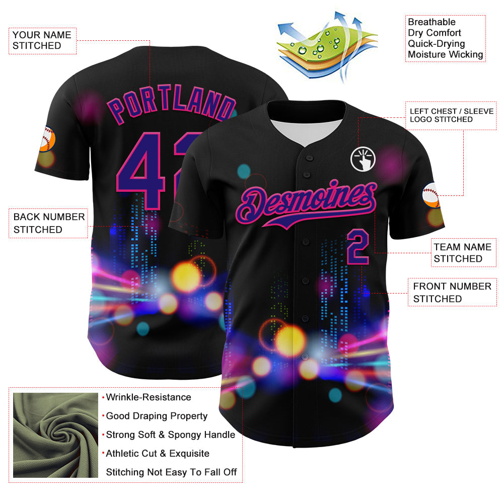 Custom Black Dark Purple-Hot Pink 3D Pattern Design Rave Psychedelic City Neon Authentic Baseball Jersey - Sky-Custom