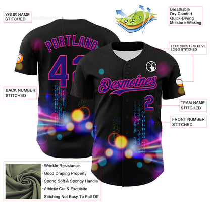 Custom Black Dark Purple-Hot Pink 3D Pattern Design Rave Psychedelic City Neon Authentic Baseball Jersey - Sky-Custom