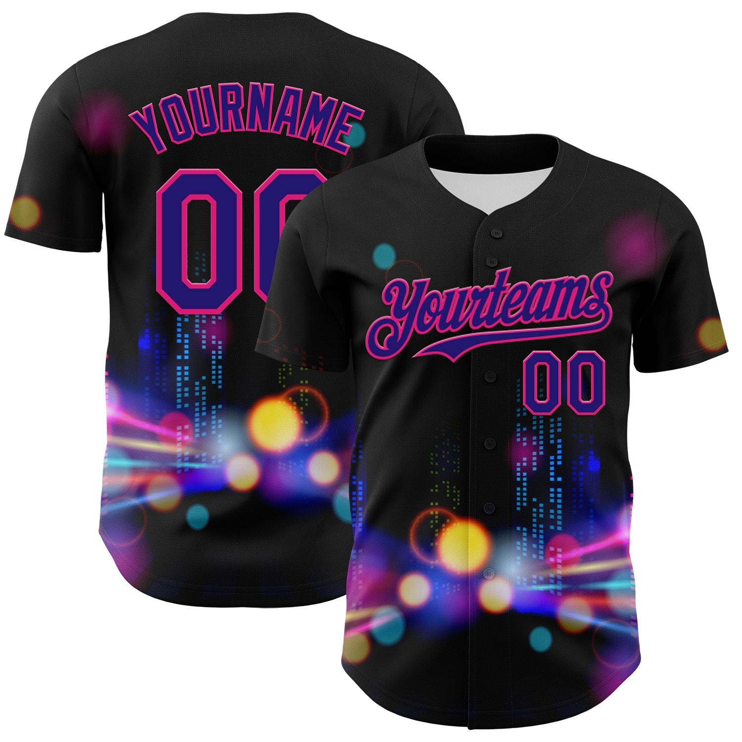 Custom Black Dark Purple-Hot Pink 3D Pattern Design Rave Psychedelic City Neon Authentic Baseball Jersey - Sky-Custom