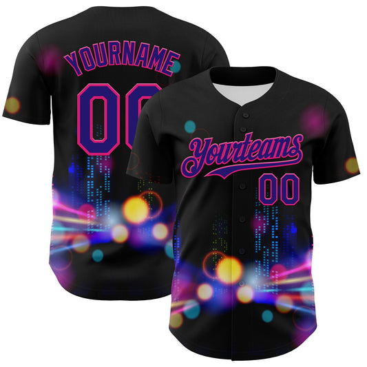 Custom Black Dark Purple-Hot Pink 3D Pattern Design Rave Psychedelic City Neon Authentic Baseball Jersey - Sky-Custom