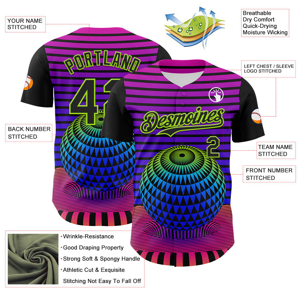 Custom Black Neon Green 3D Pattern Design Rave Psychedelic Geometry Authentic Baseball Jersey - Sky-Custom