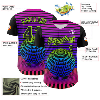Custom Black Neon Green 3D Pattern Design Rave Psychedelic Geometry Authentic Baseball Jersey - Sky-Custom
