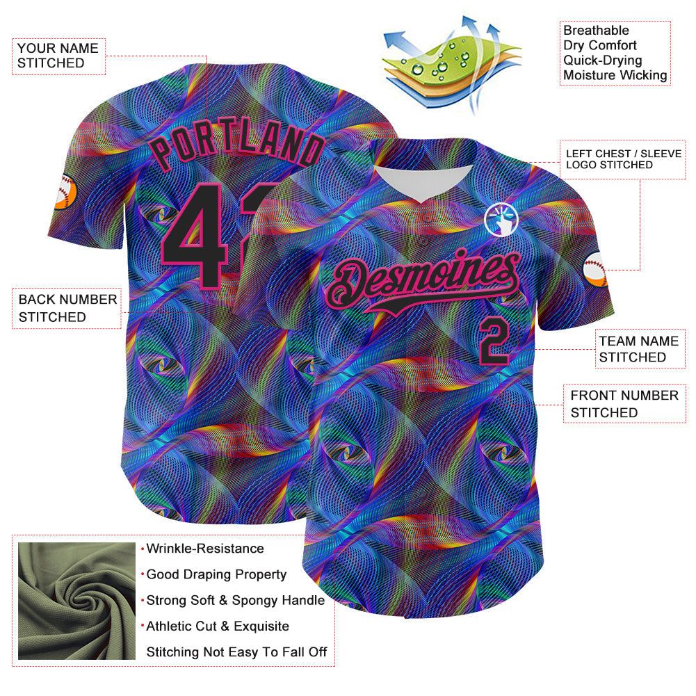 Custom Black Hot Pink 3D Pattern Design Rave Psychedelic Fractal Style Authentic Baseball Jersey - Sky-Custom