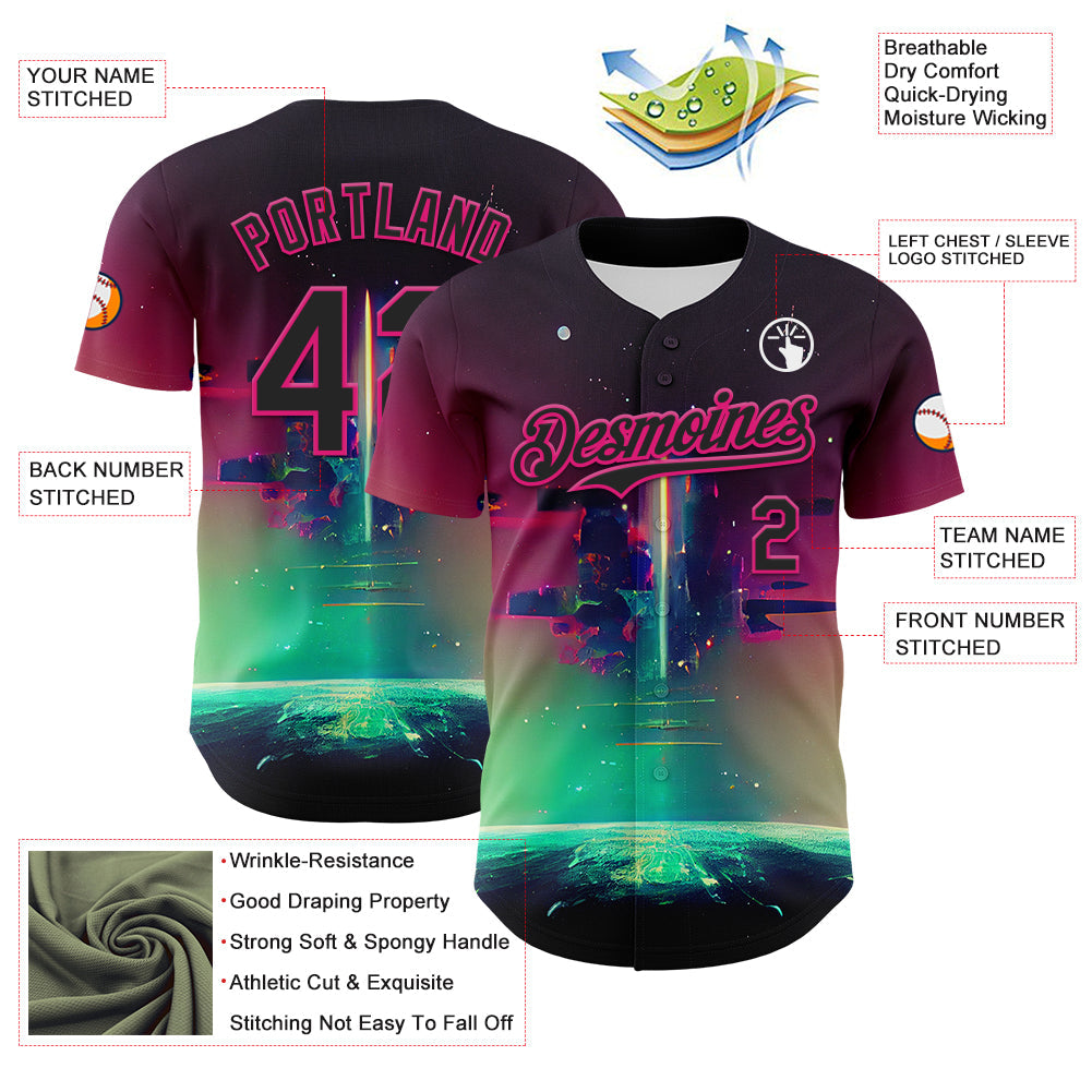 Custom Black Hot Pink 3D Pattern Design Rave Psychedelic Universe Authentic Baseball Jersey - Sky-Custom
