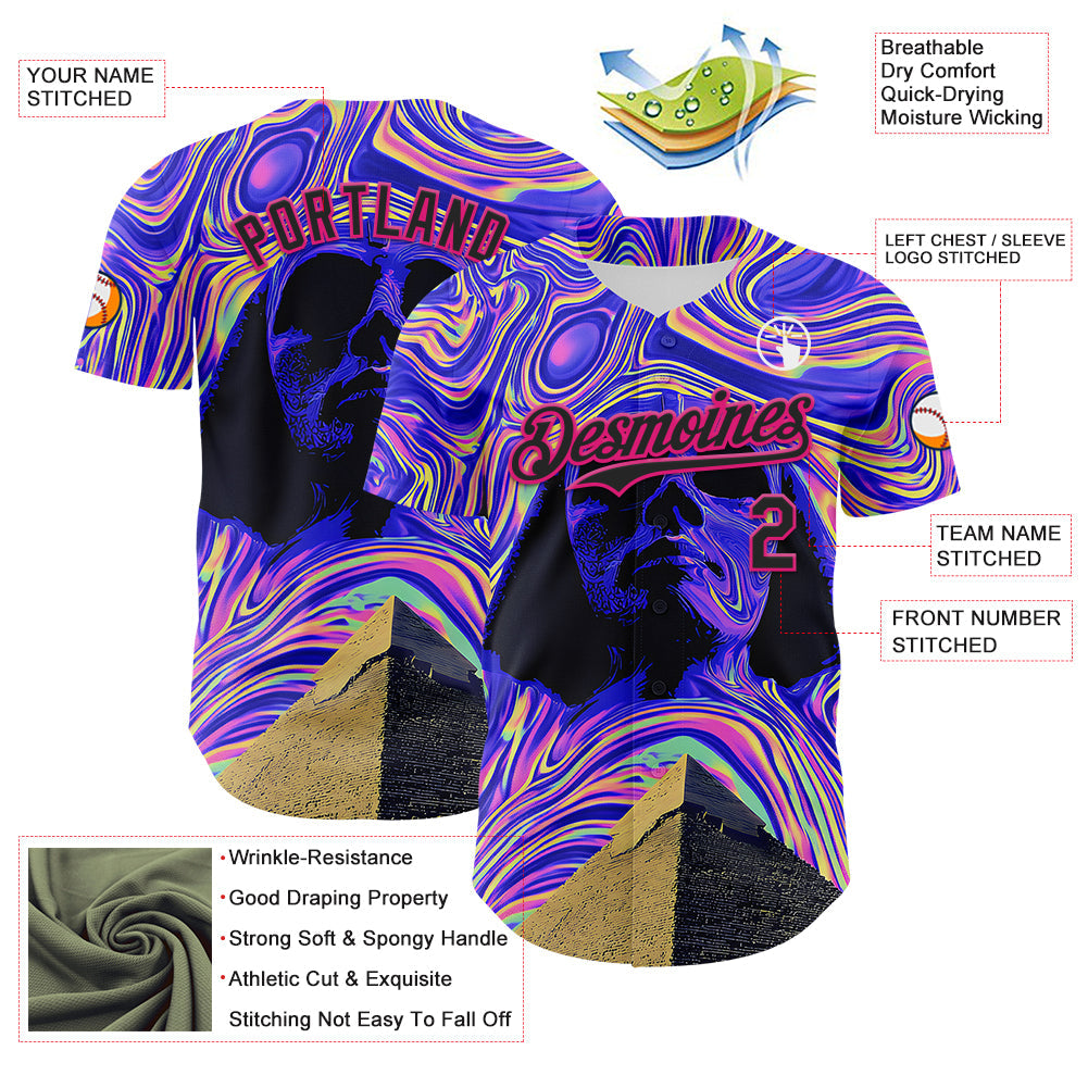 Custom Purple Black-Hot Pink 3D Pattern Design Rave Psychedelic Fluid Art Pyramid Authentic Baseball Jersey - Sky-Custom