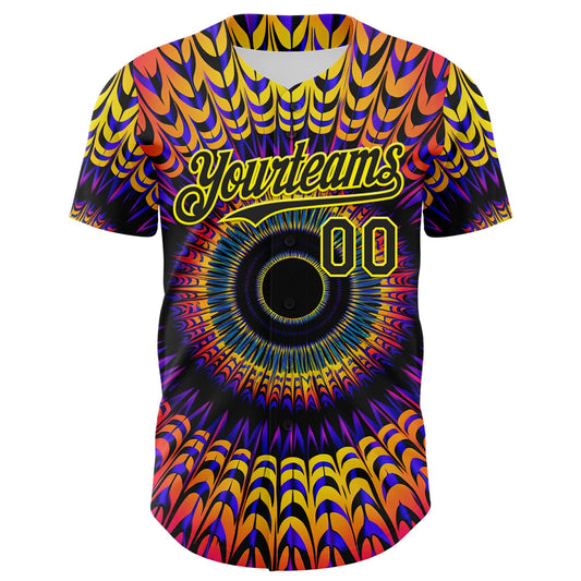 Custom Black Light Yellow 3D Pattern Design Rave Psychedelic Fractal Style Authentic Baseball Jersey - Sky-Custom