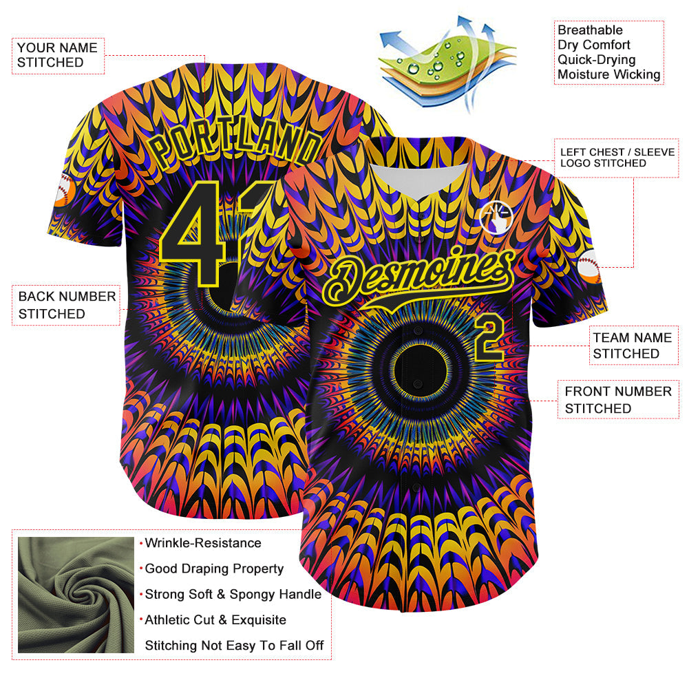 Custom Black Light Yellow 3D Pattern Design Rave Psychedelic Fractal Style Authentic Baseball Jersey - Sky-Custom