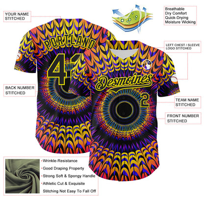Custom Black Light Yellow 3D Pattern Design Rave Psychedelic Fractal Style Authentic Baseball Jersey - Sky-Custom