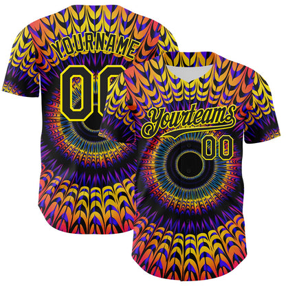 Custom Black Light Yellow 3D Pattern Design Rave Psychedelic Fractal Style Authentic Baseball Jersey - Sky-Custom