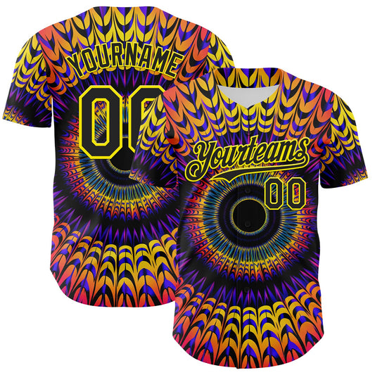 Custom Black Light Yellow 3D Pattern Design Rave Psychedelic Fractal Style Authentic Baseball Jersey - Sky-Custom