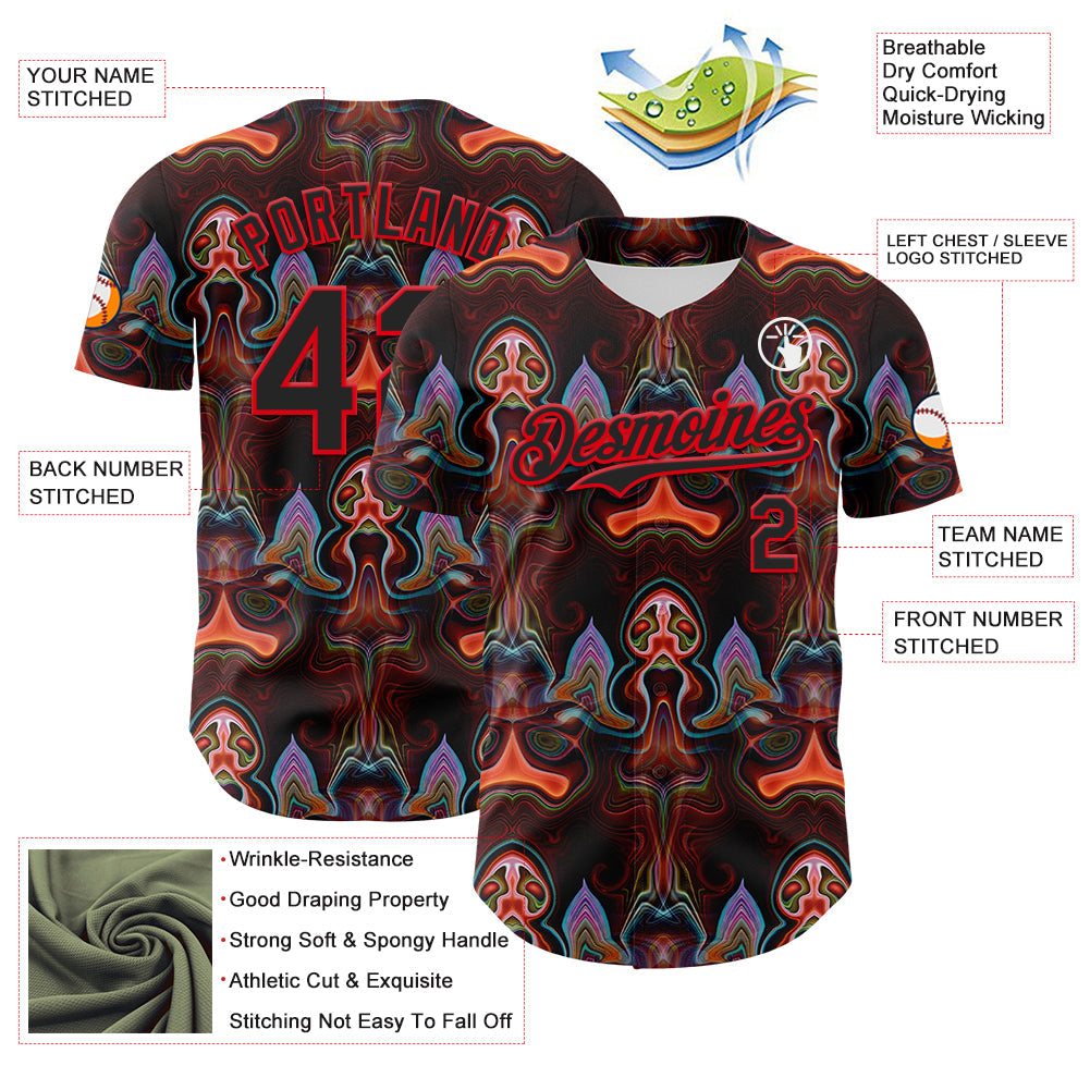 Custom Brown Black-Fire Red 3D Pattern Design Rave Psychedelic Fluid Art Authentic Baseball Jersey - Sky-Custom