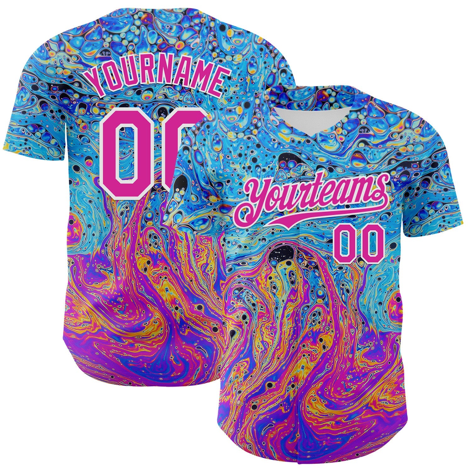 Custom Electric Blue Deep Pink-White 3D Pattern Design Rave Psychedelic Fluid Art Authentic Baseball Jersey - Sky-Custom