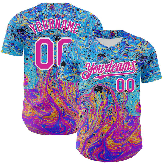Custom Electric Blue Deep Pink-White 3D Pattern Design Rave Psychedelic Fluid Art Authentic Baseball Jersey - Sky-Custom