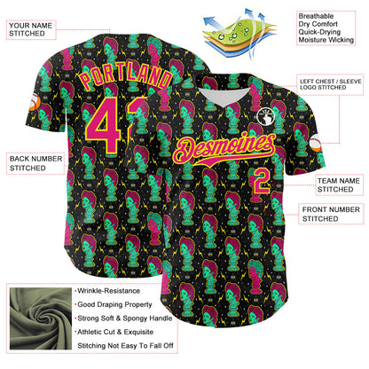Custom Black Hot Pink-Light Yellow 3D Pattern Design Rave Psychedelic Sculpture Authentic Baseball Jersey - Sky-Custom