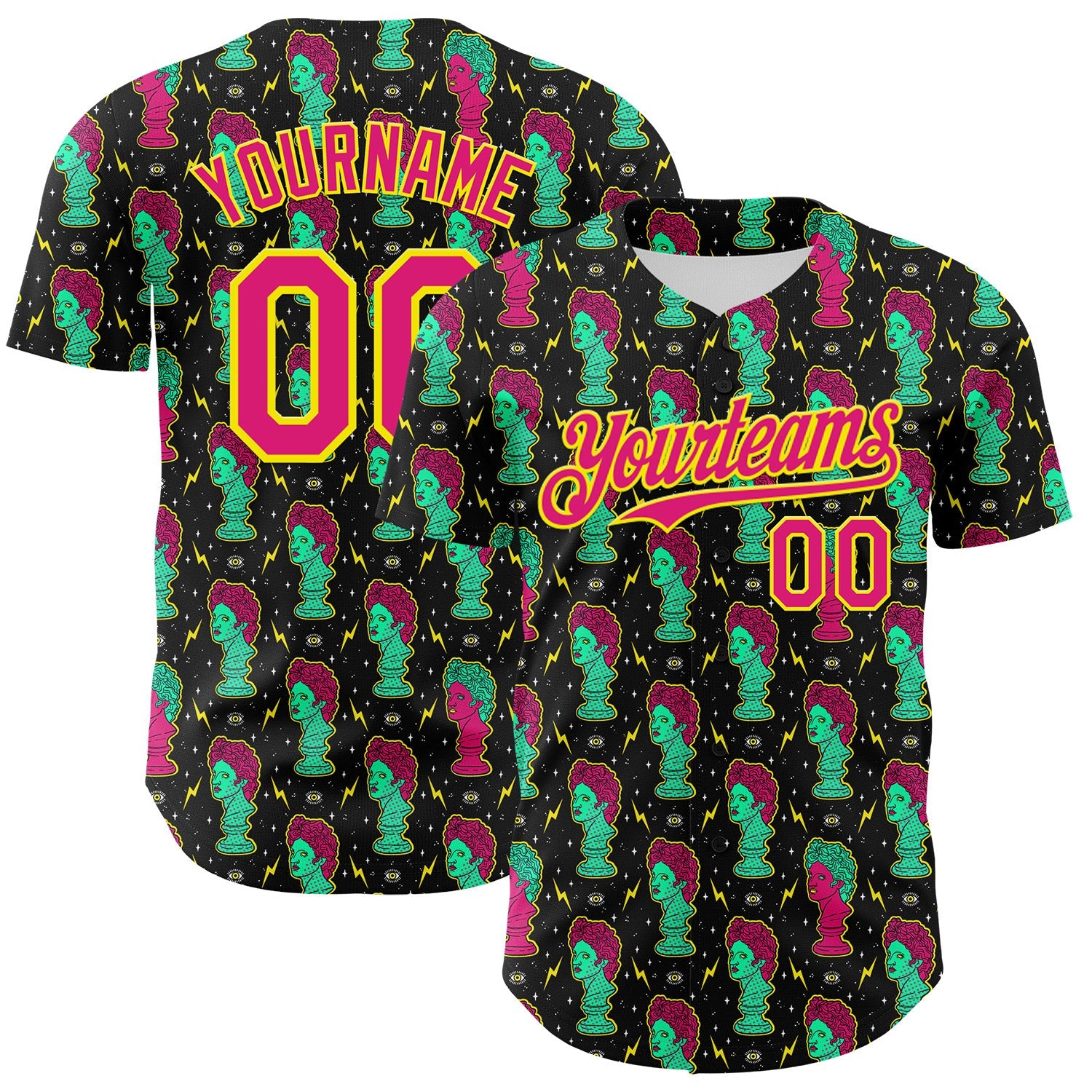 Custom Black Hot Pink-Light Yellow 3D Pattern Design Rave Psychedelic Sculpture Authentic Baseball Jersey - Sky-Custom