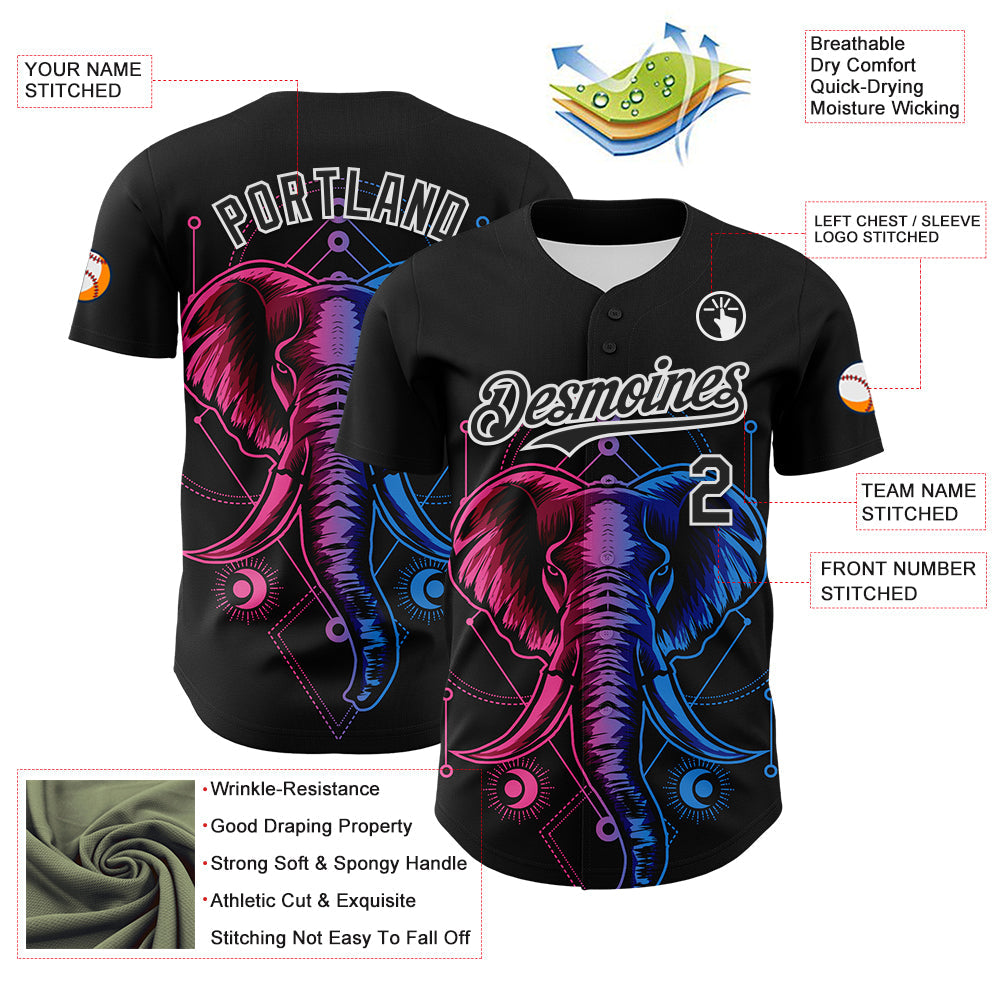 Custom Black White 3D Pattern Design Rave Psychedelic Elephant Authentic Baseball Jersey - Sky-Custom