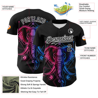 Custom Black White 3D Pattern Design Rave Psychedelic Elephant Authentic Baseball Jersey - Sky-Custom