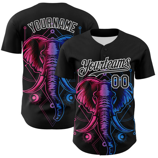 Custom Black White 3D Pattern Design Rave Psychedelic Elephant Authentic Baseball Jersey - Sky-Custom