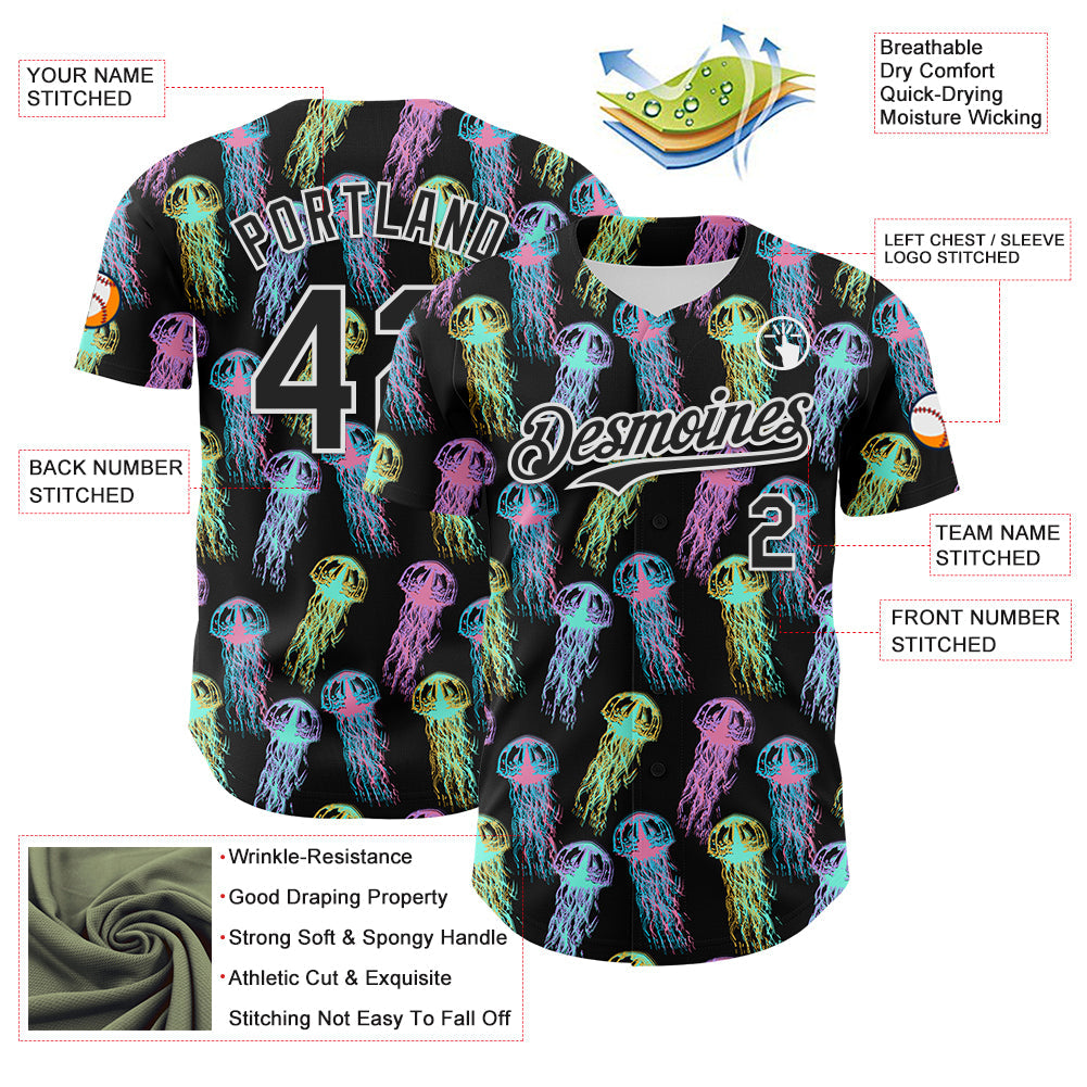 Custom Black White 3D Pattern Design Rave Psychedelic Jellyfish Authentic Baseball Jersey - Sky-Custom