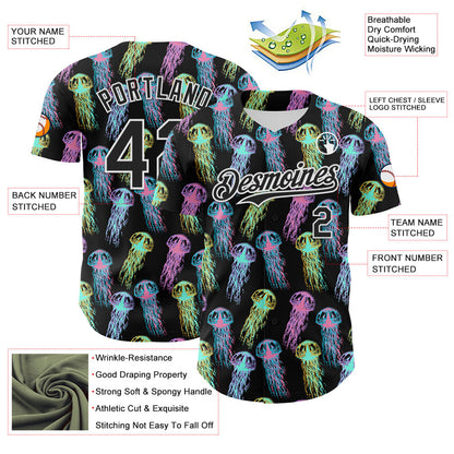Custom Black White 3D Pattern Design Rave Psychedelic Jellyfish Authentic Baseball Jersey - Sky-Custom