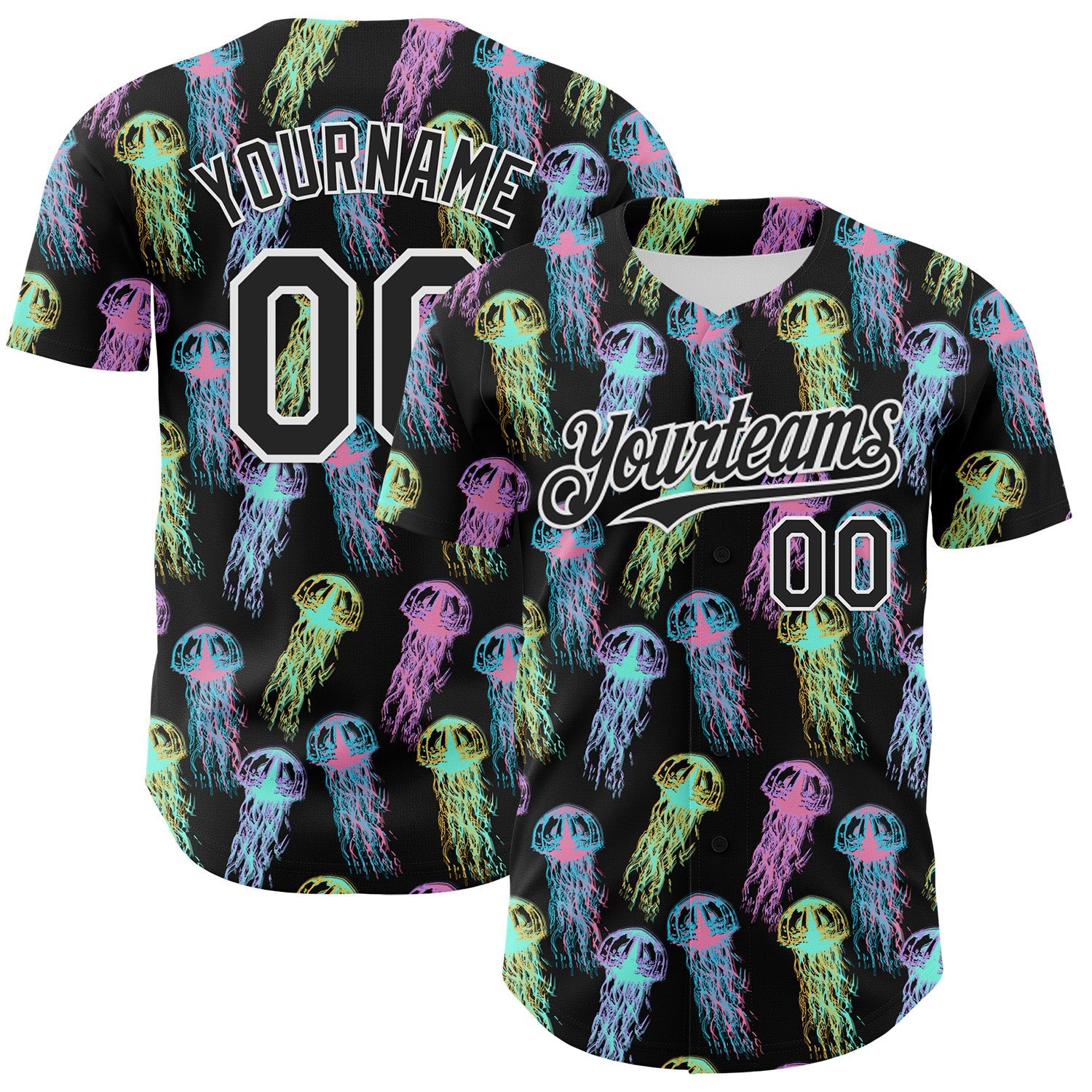 Custom Black White 3D Pattern Design Rave Psychedelic Jellyfish Authentic Baseball Jersey - Sky-Custom