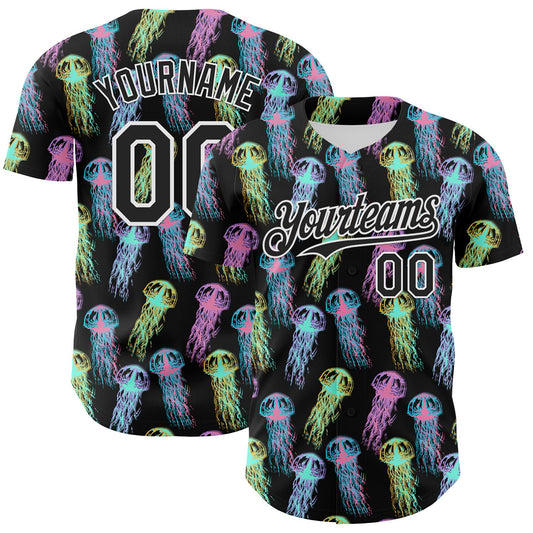 Custom Black White 3D Pattern Design Rave Psychedelic Jellyfish Authentic Baseball Jersey - Sky-Custom