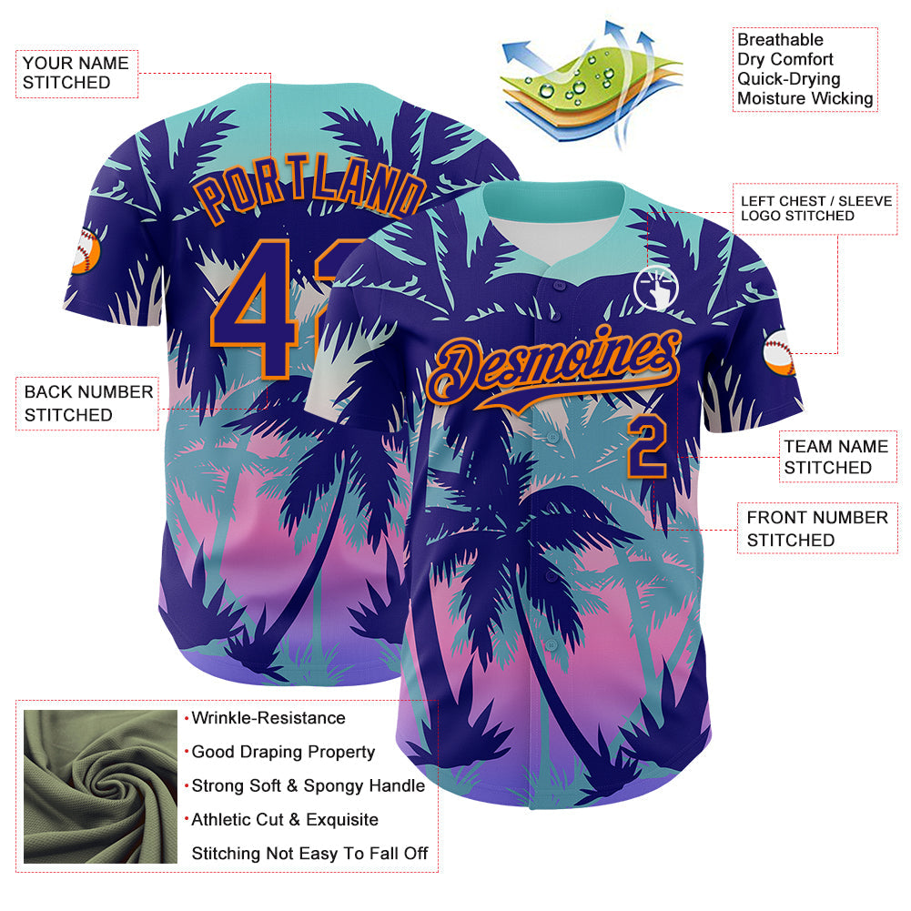 Custom Dark Purple Bay Orange 3D Pattern Design Rave Psychedelic Tropical Palm Tree Authentic Baseball Jersey - Sky-Custom