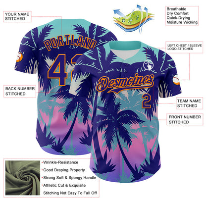Custom Dark Purple Bay Orange 3D Pattern Design Rave Psychedelic Tropical Palm Tree Authentic Baseball Jersey - Sky-Custom