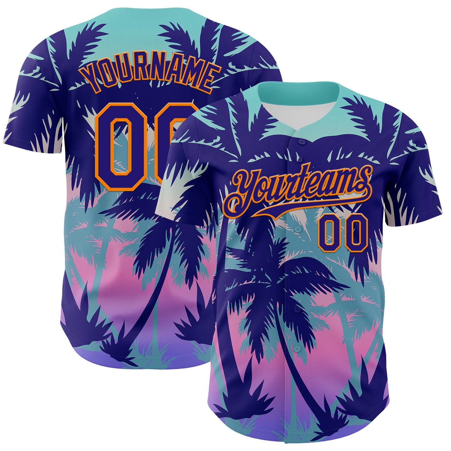 Custom Dark Purple Bay Orange 3D Pattern Design Rave Psychedelic Tropical Palm Tree Authentic Baseball Jersey - Sky-Custom