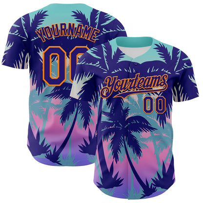 Custom Dark Purple Bay Orange 3D Pattern Design Rave Psychedelic Tropical Palm Tree Authentic Baseball Jersey - Sky-Custom