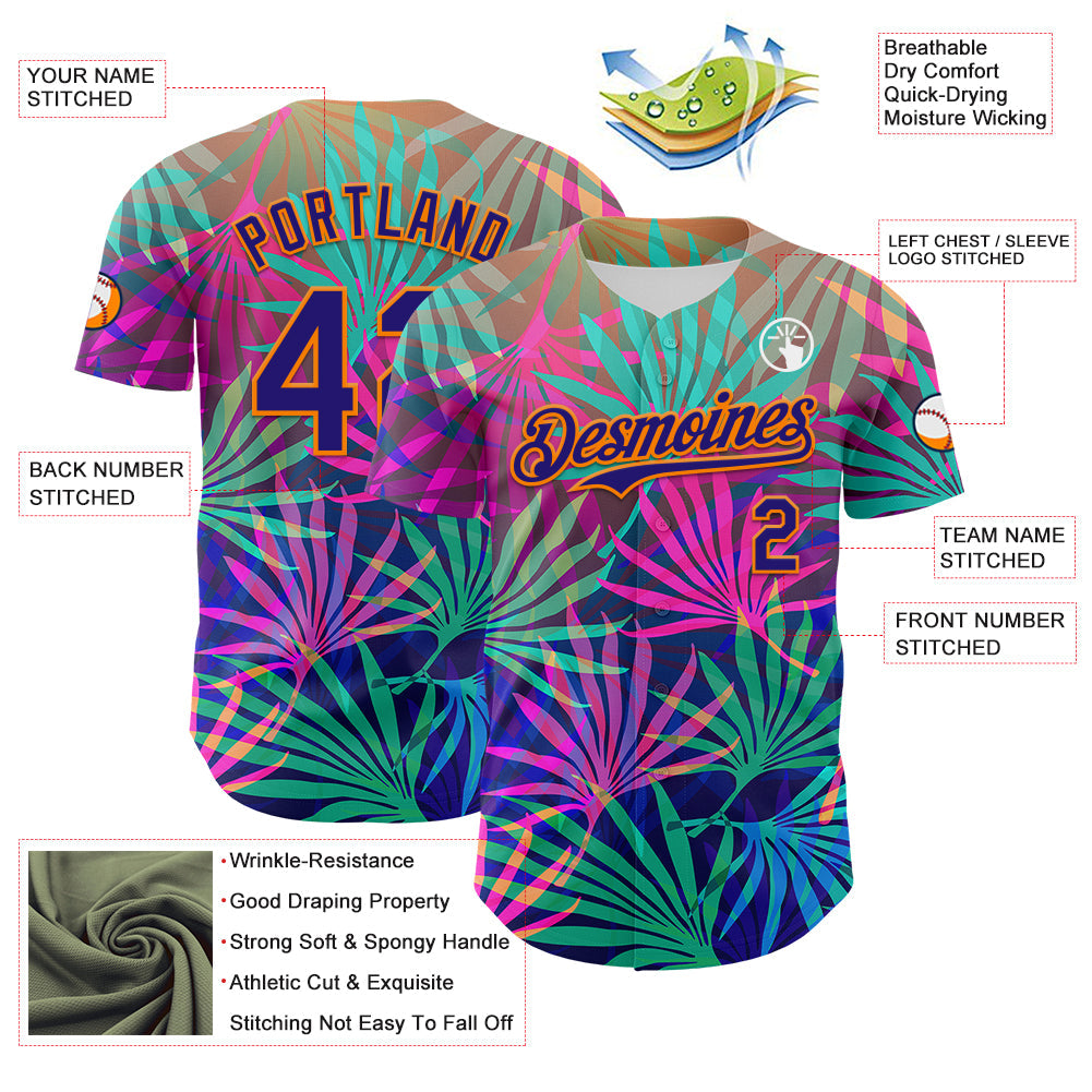 Custom Pink Dark Purple-Bay Orange 3D Pattern Design Rave Psychedelic Tropical Palm Leaves Authentic Baseball Jersey - Sky-Custom