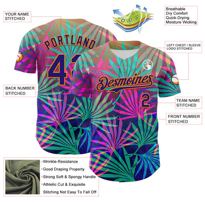 Custom Pink Dark Purple-Bay Orange 3D Pattern Design Rave Psychedelic Tropical Palm Leaves Authentic Baseball Jersey - Sky-Custom