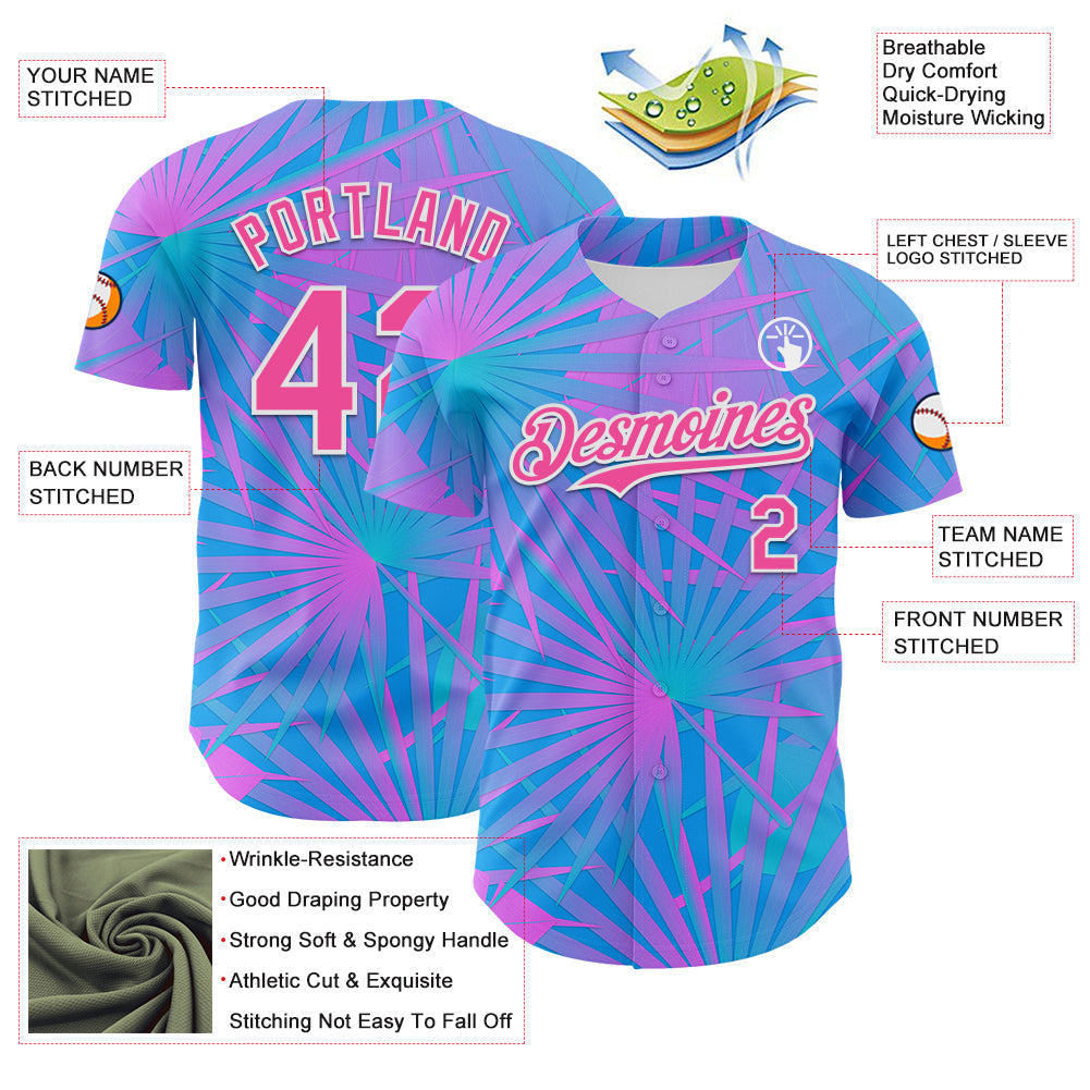 Custom Electric Blue Pink-White 3D Pattern Design Rave Psychedelic Tropical Palm Leaves Authentic Baseball Jersey - Sky-Custom