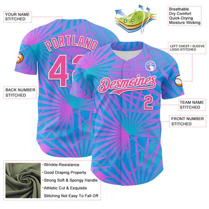 Custom Electric Blue Pink-White 3D Pattern Design Rave Psychedelic Tropical Palm Leaves Authentic Baseball Jersey - Sky-Custom