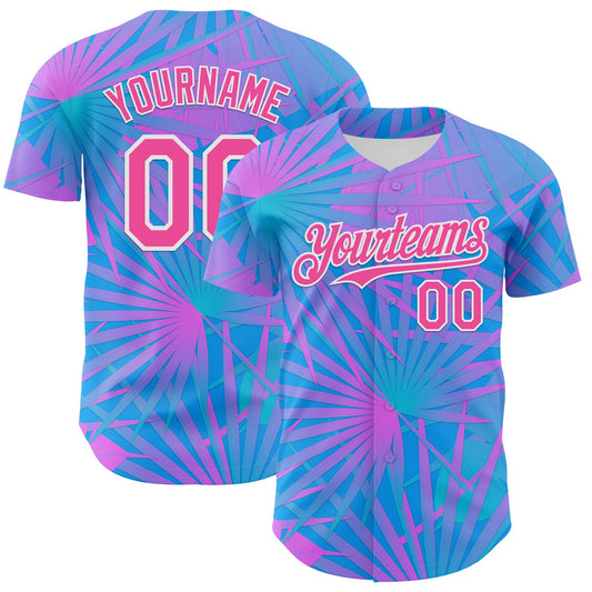 Custom Electric Blue Pink-White 3D Pattern Design Rave Psychedelic Tropical Palm Leaves Authentic Baseball Jersey - Sky-Custom