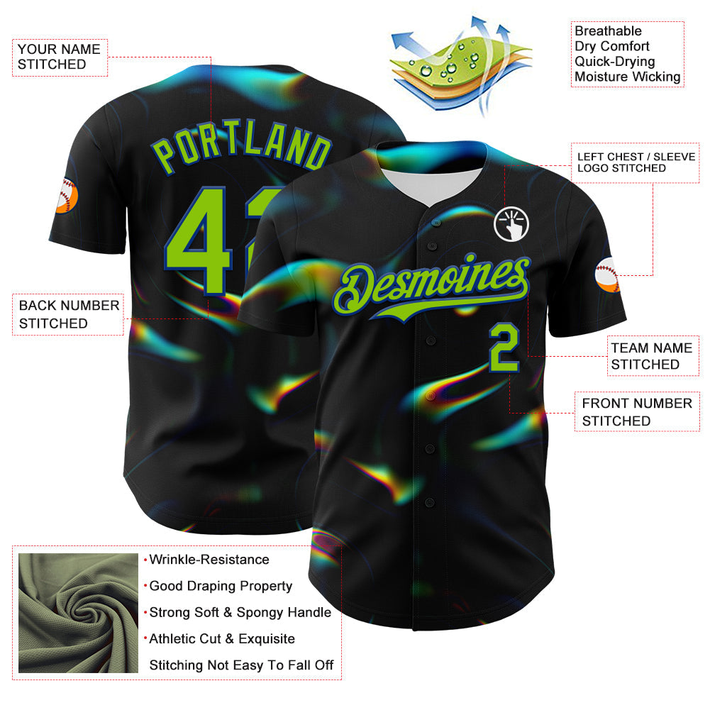 Custom Black Neon Green-Royal 3D Pattern Design Rave Psychedelic Holographic Vaporwave Style Authentic Baseball Jersey - Sky-Custom