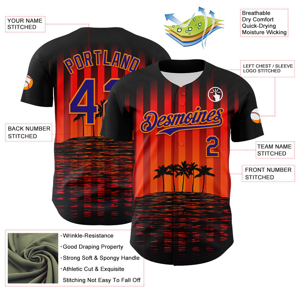 Custom Black Dark Purple-Bay Orange 3D Pattern Design Rave Psychedelic Tropical Palm Tree Authentic Baseball Jersey - Sky-Custom