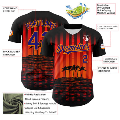 Custom Black Dark Purple-Bay Orange 3D Pattern Design Rave Psychedelic Tropical Palm Tree Authentic Baseball Jersey - Sky-Custom