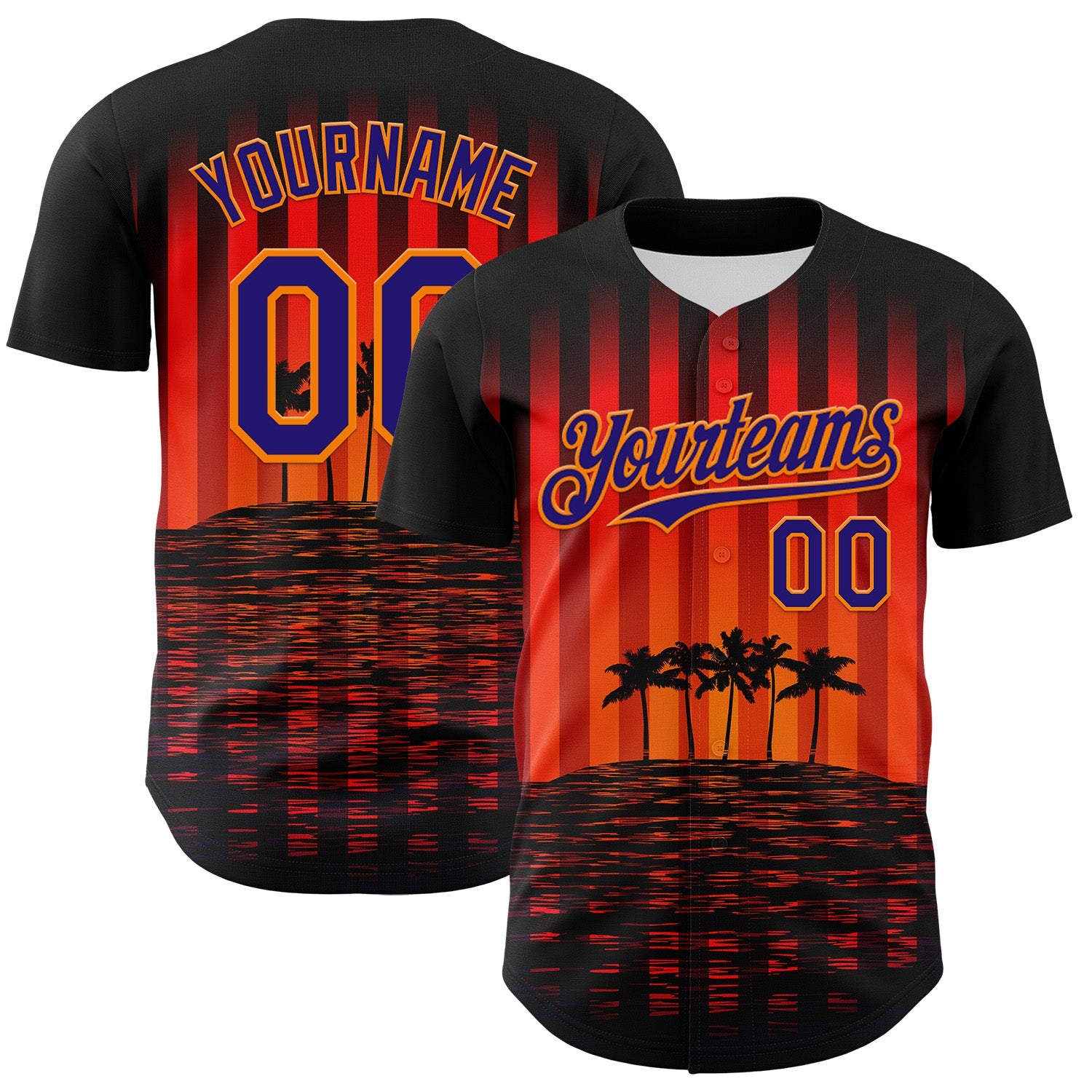 Custom Black Dark Purple-Bay Orange 3D Pattern Design Rave Psychedelic Tropical Palm Tree Authentic Baseball Jersey - Sky-Custom