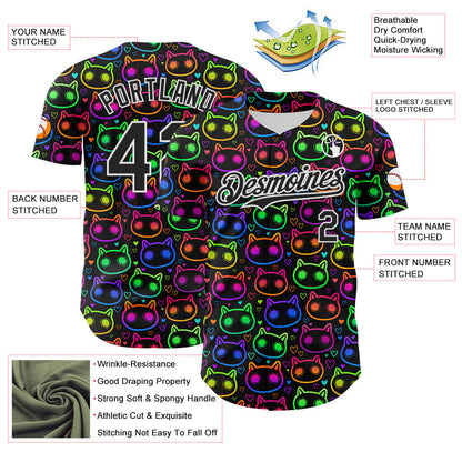 Custom Black White 3D Pattern Design Rave Psychedelic Neon Cartoon Cat Authentic Baseball Jersey - Sky-Custom