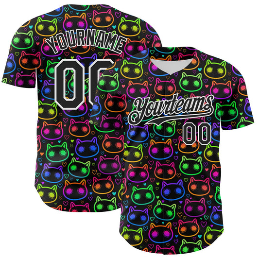 Custom Black White 3D Pattern Design Rave Psychedelic Neon Cartoon Cat Authentic Baseball Jersey - Sky-Custom