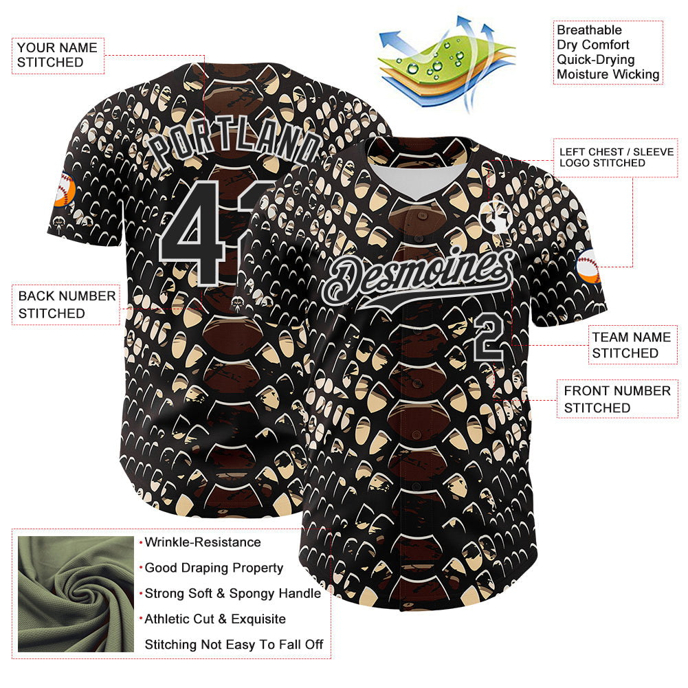 Custom Black White 3D Pattern Design Rave Psychedelic Snakeskin Authentic Baseball Jersey - Sky-Custom