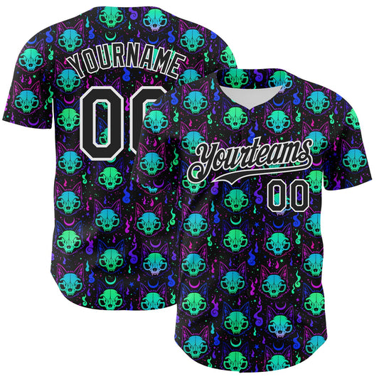 Custom Black White 3D Pattern Design Rave Psychedelic Neon Cat Skull Authentic Baseball Jersey - Sky-Custom