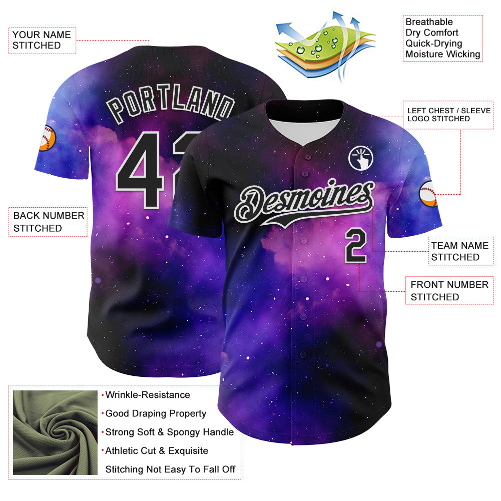 Custom Black White 3D Pattern Design Rave Psychedelic Space Galaxy Star Authentic Baseball Jersey - Sky-Custom