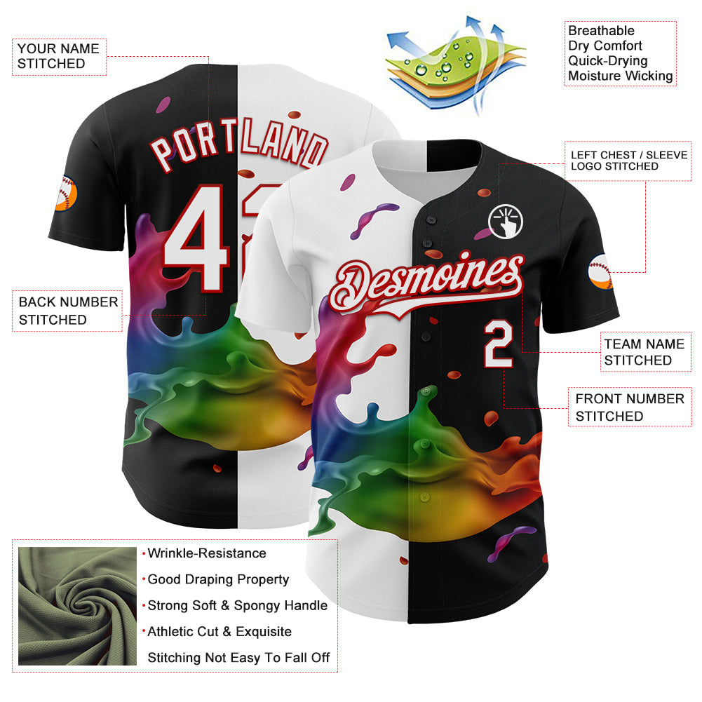 Custom Black White-Red 3D Pattern Design Liquid Splatter Authentic Baseball Jersey - Sky-Custom
