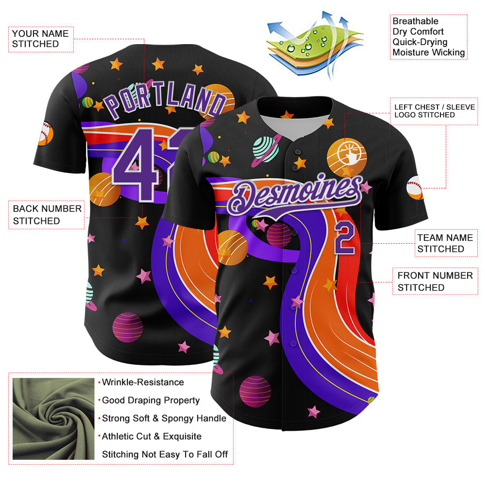 Custom Black Purple-White 3D Pattern Design Space Galaxy Star Authentic Baseball Jersey - Sky-Custom