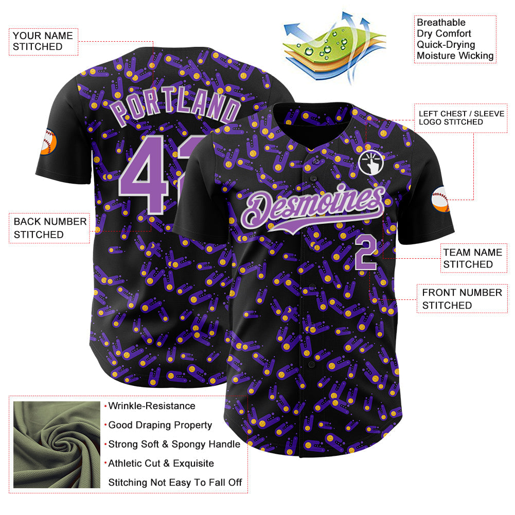 Custom Black Medium Purple-White 3D Pattern Design Galaxy Star Meteor Authentic Baseball Jersey - Sky-Custom