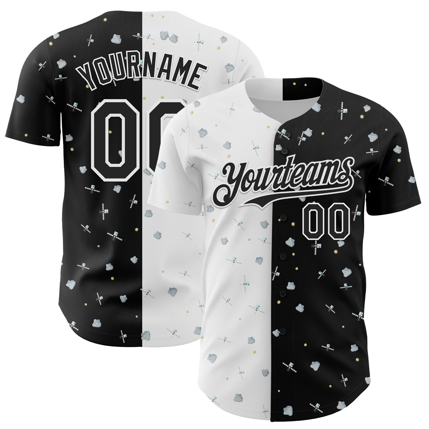 Custom Black White 3D Pattern Design Space Satellite Authentic Baseball Jersey - Sky-Custom
