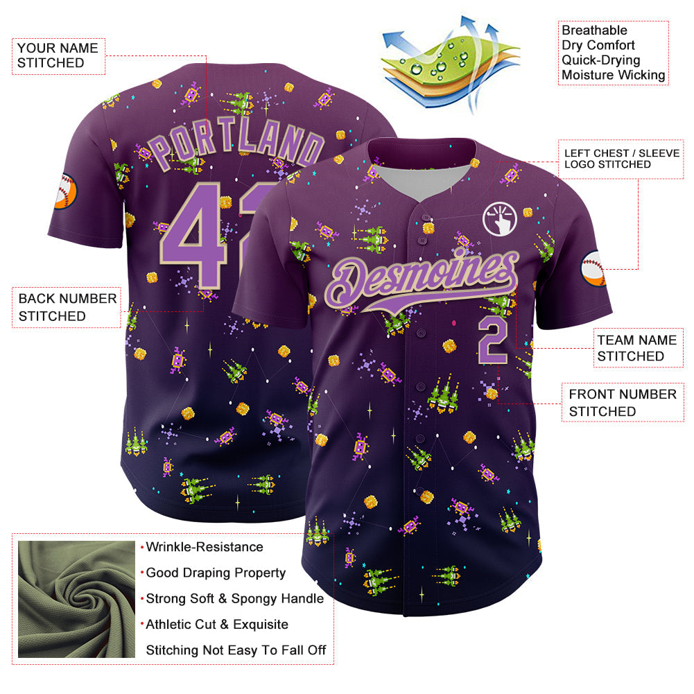Custom Purple Medium Purple-City Cream 3D Pattern Design Retro Pixel Arcade Game Authentic Baseball Jersey - Sky-Custom