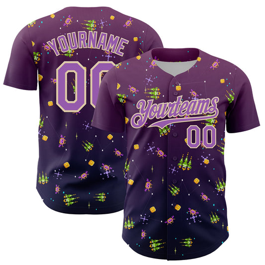 Custom Purple Medium Purple-City Cream 3D Pattern Design Retro Pixel Arcade Game Authentic Baseball Jersey - Sky-Custom